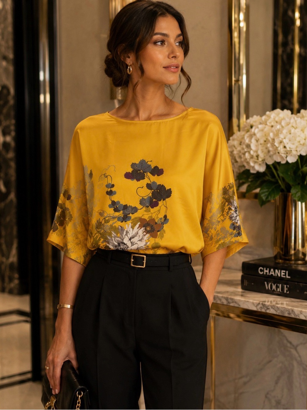 ✨ Soft Surroundings Golden Floral Satin Blouse Size L ✨